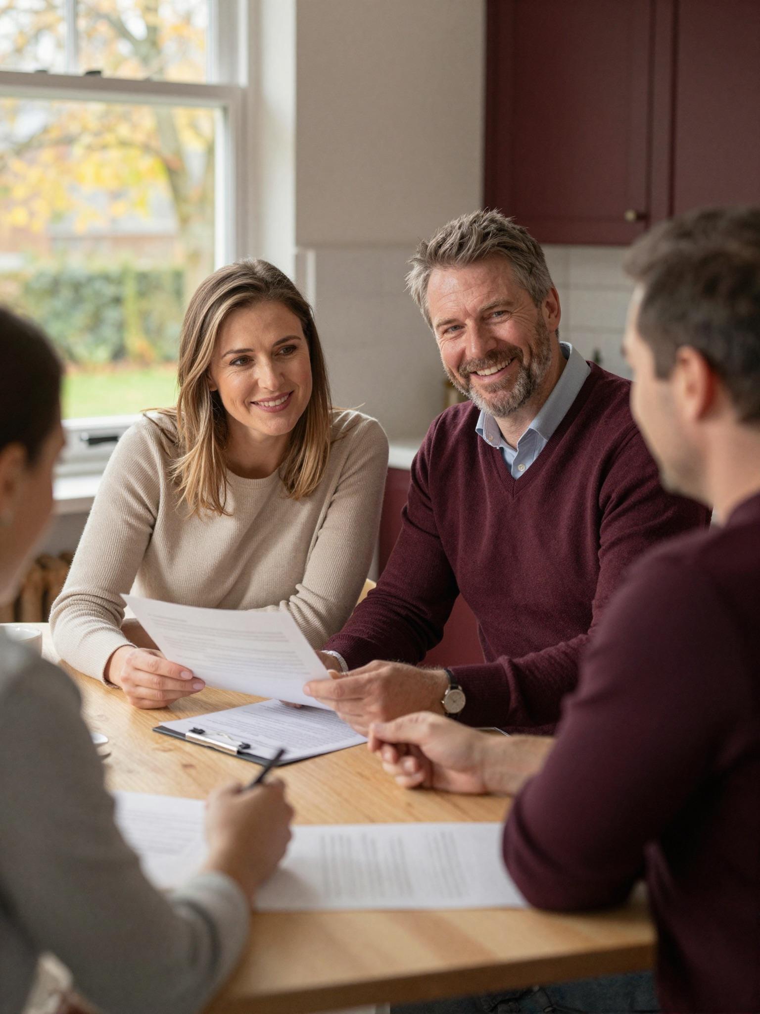 Klanten van Insure You in gesprek met hun adviseur aan de keukentafel · Sint-Niklaas