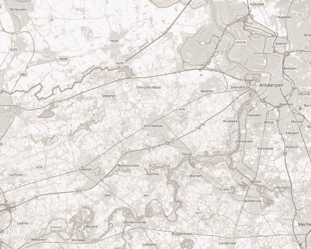 Kaart van het Waasland met Sint-Niklaas centraal · ons werkgebied